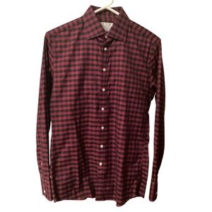 Thomas Pink Slim Fit Gingham Shirt 15 38cm Burgundy Black Cotton Long Sleeve